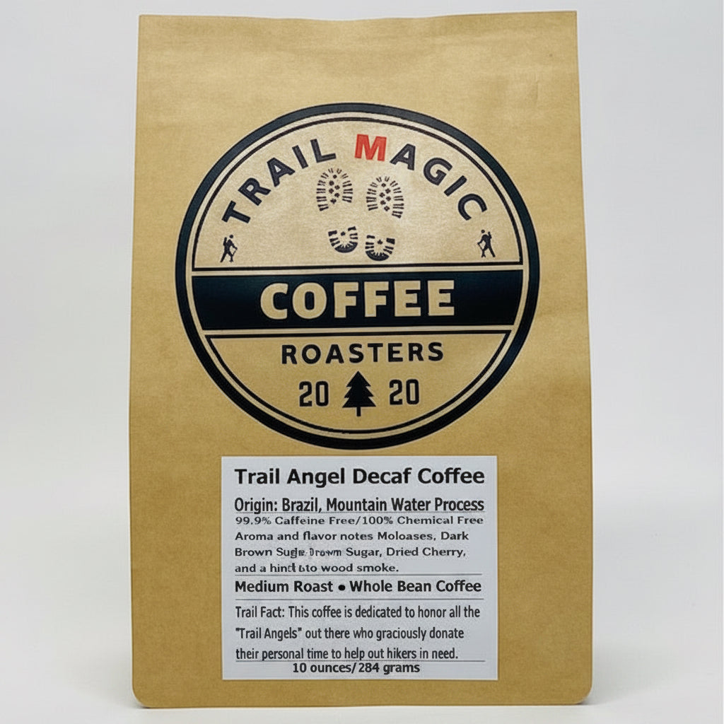 Kraft paper coffee bag with 'Trail Magic Coffee Roasters' branding on a white background