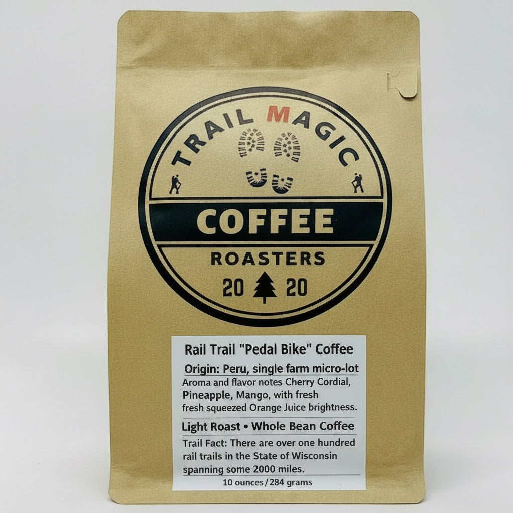 Kraft paper coffee bag with 'Trail Magic Coffee Roasters' branding on a white background